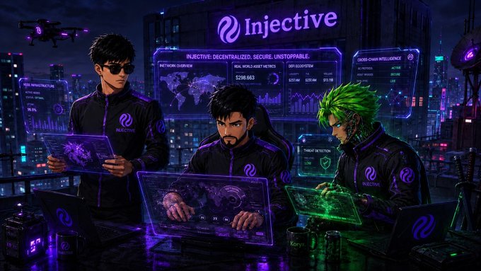 The image features a group of three people sitting at a table, each using their laptop. They are all wearing black clothing with purple accents, giving them a futuristic appearance. One person has a green headband on their head. The background shows an urban cityscape filled with buildings and neon lights, creating a vibrant atmosphere. The post also mentions that the company is bullish on Injective, which could be inferred from the presence of three people using laptops in front of it.