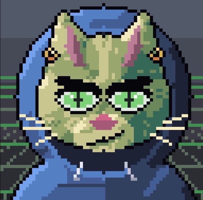 A pixel art illustration of a green cat wearing a dark blue hoodie, featuring bright green eyes and pink-lined ears against a dark background.