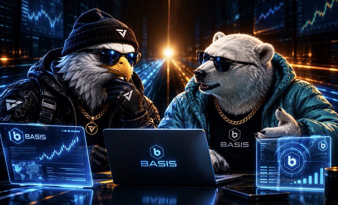 A stylized digital illustration of an eagle and a polar bear, both wearing sunglasses and jackets, sitting at a table with laptops and screens displaying 'BASIS' cryptocurrency branding and trading charts.