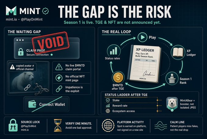 A 'PlayOnMint' promotional graphic titled 'THE GAP IS THE RISK' showing a claim page with a 'VOID' stamp and warning users not to connect wallets due to impersonators.