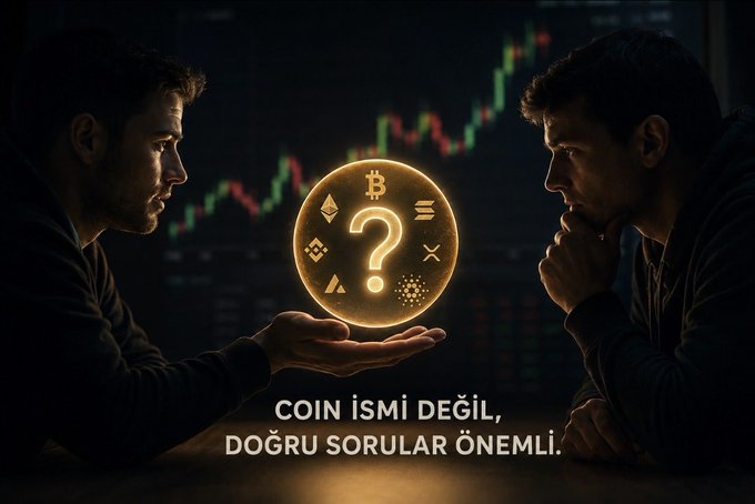 Two men face each other in a dark setting with a glowing circular crypto token displaying a question mark between their hands; Turkish text reads 'COİN İSMİ DEĞİL, DOĞRU SORULAR ÖNEMLİ.'