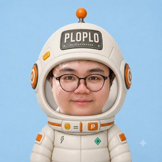 A 3D-rendered character wearing a white astronaut helmet labeled 'PLOPLO' with an orange antenna, featuring a person's face inside the visor.