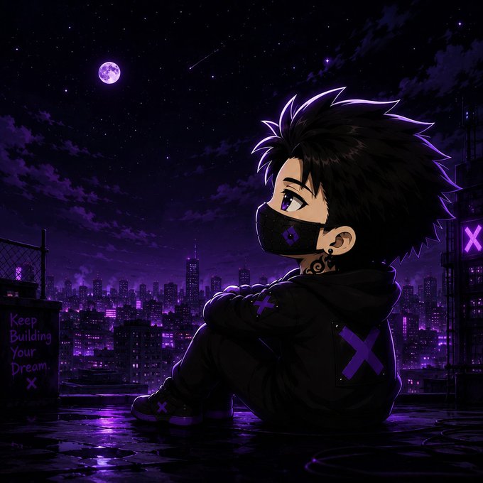 A young figure wearing a black hoodie with purple X logos and a matching face mask sits on a rooftop overlooking a neon-lit purple city skyline under a starry night sky. A concrete wall beside them reads "Keep Building Your Dream" with a small X, reinforcing the post's "Good Night Web3" message of perseverance and dedication to the decentralized dream.