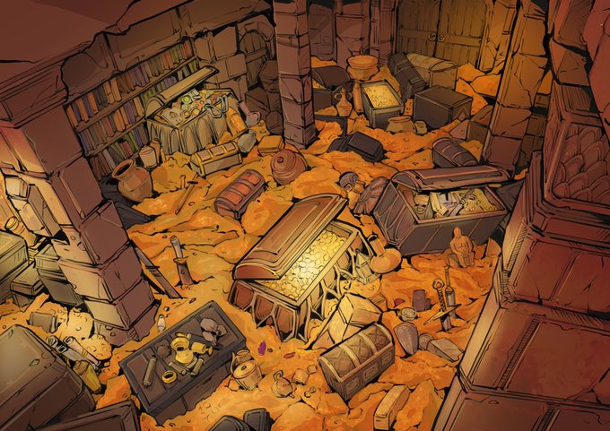 An illustrated treasure room filled with gold coins, chests, pottery, swords, and ancient artifacts scattered across the floor.