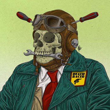 An illustration of a skeleton wearing a brown aviator helmet with goggles, holding a wrench in its mouth, dressed in a green jacket with a "DEATH RACER" patch and a red tie.