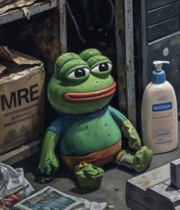 A Pepe the Frog figurine wearing a blue shirt sits on the floor of a dirty, cluttered room next to a cardboard box labeled "MRE" and a white pump bottle, with debris and a discarded can around its feet.