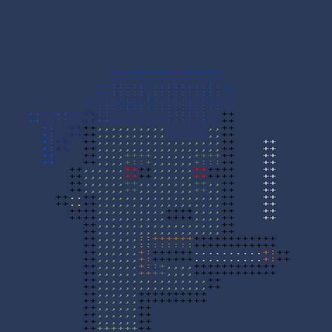 An ASCII art portrait of a person wearing a hat, rendered with plus signs and symbols in blue and green on a dark background.