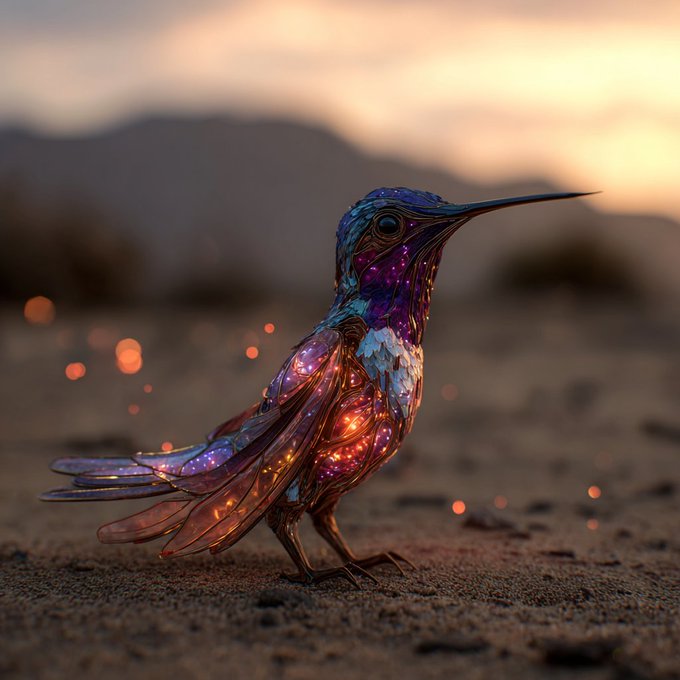 A digitally rendered, iridescent hummingbird with purple, blue, and glowing orange crystal-like feathers standing on sandy ground at sunset.
