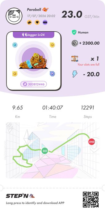 A STEPN move-to-earn app screenshot showing a 'Jogger Lv24' Parabell sneaker with 23.0 GST/Min earnings, stats of 9.65 Km, 01:40:07 time, and 12,291 steps on a map interface.