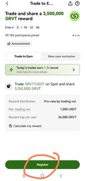 A mobile screenshot shows a Bitget 'Trade to Earn' promotion offering up to 3,500,000 GRVT reward, with a circled 'Register' button at the bottom.