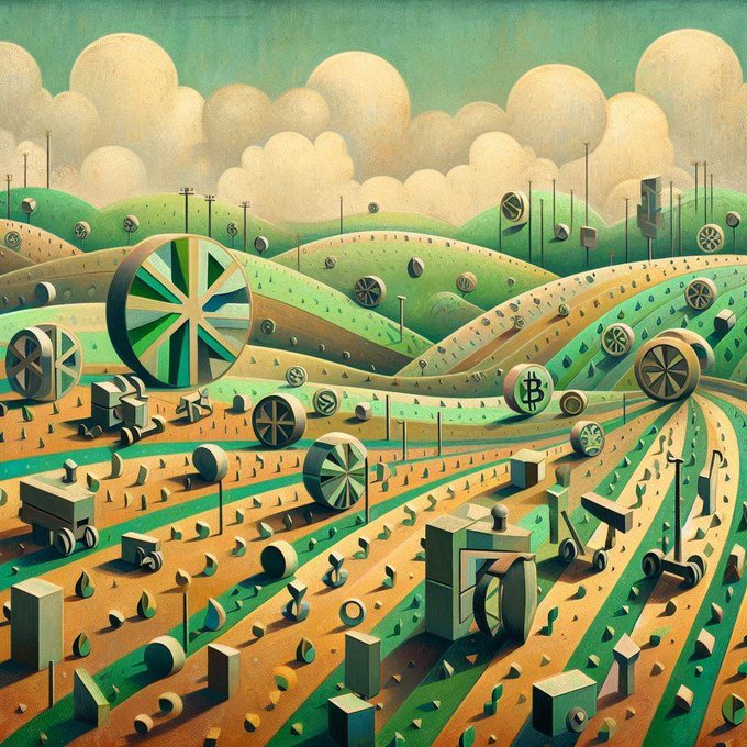 A stylized painting depicting a landscape of rolling hills and fields covered with scattered, abstract circular structures and geometric shapes, with a Bitcoin symbol visible in the center.