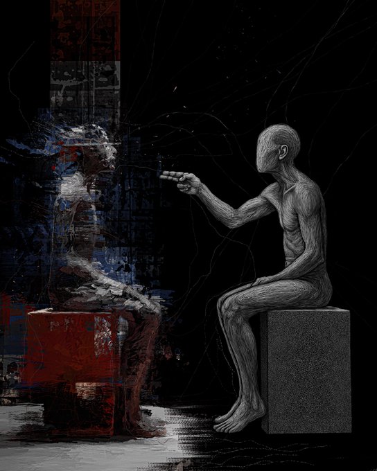A monochromatic sketch-style illustration depicts a faceless, grey humanoid figure sitting on a block, gesturing toward a fragmented, glitching blue and red form resembling a person.