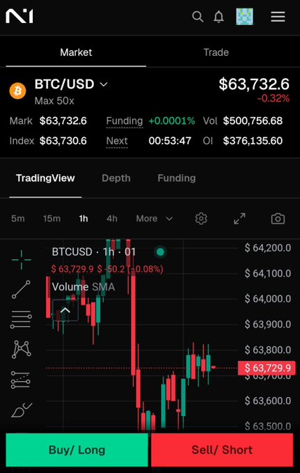 A screenshot of the N1Chain (N1) Perp DEX trading interface displays the BTC/USD perpetual futures market with a current price of $63,732.6 and -0.32% change, featuring a TradingView candlestick chart on the 1-hour timeframe alongside Buy/Long and Sell/Short action buttons—showcasing the platform the user has just gained access to for trading and earning points.