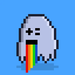 A pixel art ghost with "X X" eyes vomits a rainbow stream against a blue background, symbolizing the post-mint reveal where special trait holders get airdrops and bot users are excluded. The rainbow output represents the colorful assortment of traits being distributed to legitimate holders.