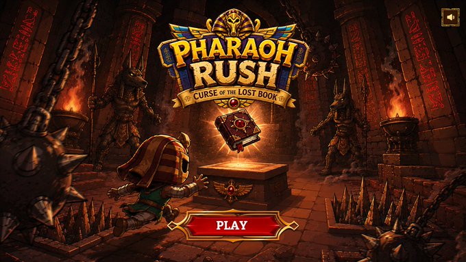 The image is a vibrant title screen for a game called "Pharaoh Rush: Curse of the Lost Book," featuring an explorer character approaching a glowing ancient tome on a pedestal within an Egyptian temple guarded by Anubis statues, with a prominent "PLAY" button below. 

The image supports the post's message about building for mass-market appeal by showcasing a polished, accessible mobile game with a universally appealing theme (ancient Egypt/adventure) rather than a typical crypto-centric interface, visually reinforcing the idea that Web3 elements should be invisible to the end user, with "fun first" as the priority.