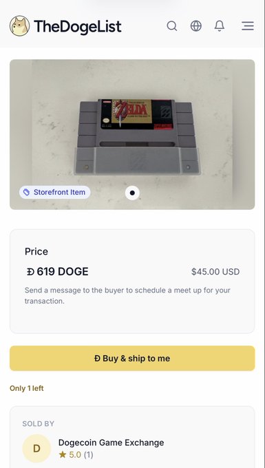A screenshot from TheDogeList marketplace showing a The Legend of Zelda: A Link to the Past Super Nintendo game cartridge listed for 619 DOGE ($45.00 USD), with a 'Storefront Item' tag.