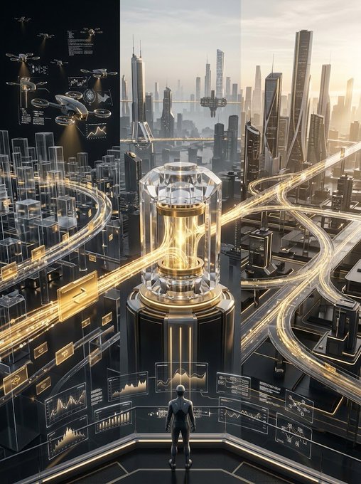 A sci-fi illustration of a figure standing before a holographic golden chamber in a futuristic city, with flying vehicles and data displays visible.