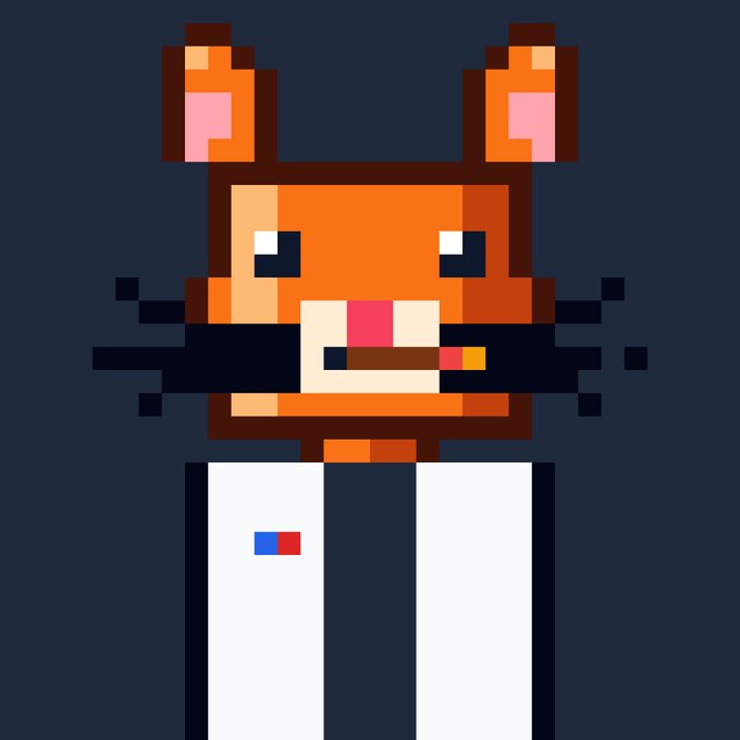 A pixel-art illustration of an orange cat with an eye patch, prominent whiskers, and a cigarette in its mouth, standing against a dark blue background above a white rectangle featuring a small red and blue logo. The stylized character appears to be a mascot or branding element accompanying a giveaway promotion partnered with @KittiHoodpix, likely representing the project's visual identity.