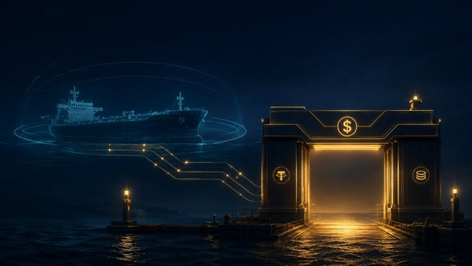 Digital artwork depicting a glowing golden gateway/portal on water at night, featuring dollar, Bitcoin, and Tether symbols, with a futuristic holographic cargo ship connected via glowing data lines.