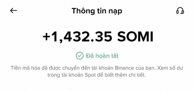 A Binance app screenshot showing a completed deposit notification ('Thông tin nạp') for +1,432.35 SOMI cryptocurrency.