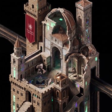 An isometric, cross-sectional view of a medieval-style tower/castle interior featuring stone architecture, staircases, a courtyard with a fountain, and glowing cyan accents. A red banner on the tower reads "GM" with smaller text "Grand Master's" below it.

The image ties to the "Gm" greeting through the banner's monogram, stylized as the emblem of a "Grand Master's" fortress—evoking a "good morning" leader or overseer greeting the new year from atop their stronghold.