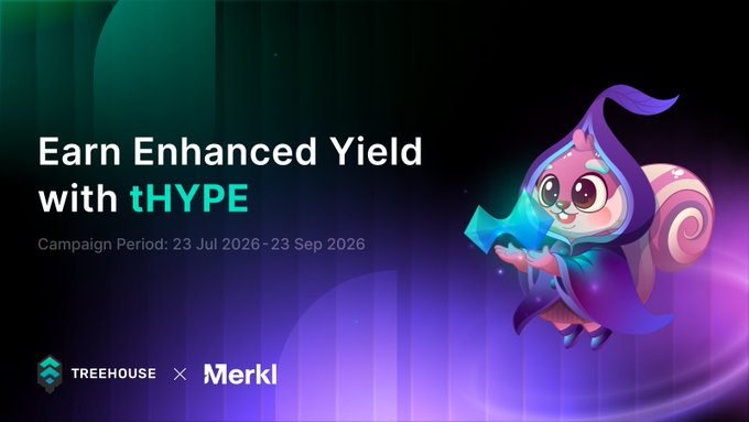 A dark promotional banner for 'Earn Enhanced Yield with tHYPE' by TREEHOUSE × Merkl featuring a cartoon pink squirrel-like mascot holding a glowing card, with campaign period 23 Jul 2026–23 Sep 2026.