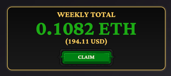 A crypto rewards screen showing "WEEKLY TOTAL 0.1082 ETH (194.11 USD)" with a green "CLAIM" button.