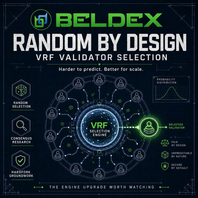An infographic for 'BELDEX' titled 'RANDOM BY DESIGN - VRF VALIDATOR SELECTION' illustrating a central VRF selection engine with probability distribution and features like fair by design, unpredictable by nature, and secure by default.