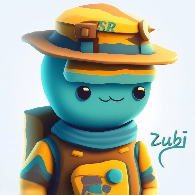 A 3D-rendered blue cartoon character wearing an orange and blue hat marked "SR" and an orange vest, with the text "Zubi" in the lower right corner.
