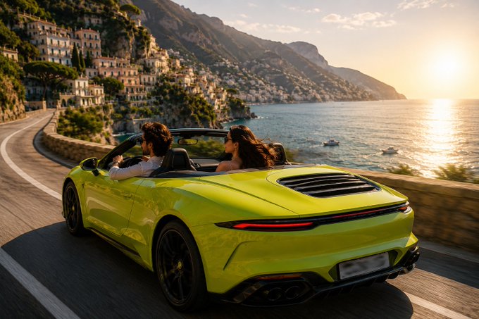 A couple enjoys a scenic drive in a bright yellow convertible along a coastal road, symbolizing the freedom and accessibility of Asterium cards.