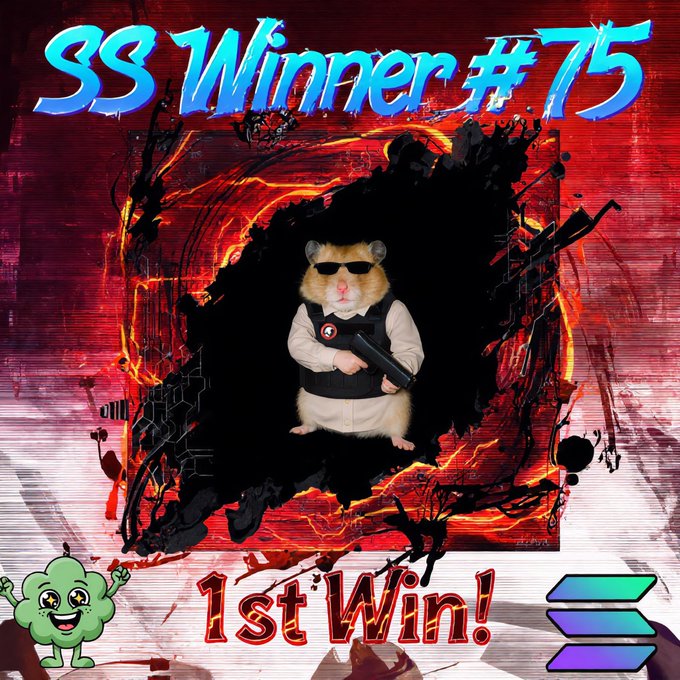 A meme-style graphic announcing 'SS Winner #75 1st Win!' featuring a hamster wearing sunglasses and a tactical vest, surrounded by a fiery red and black splatter design with a green cartoon character in the corner.