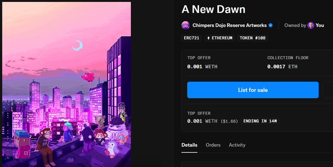 The image features a poster of a city skyline with buildings, including one that has "0.8" written on it. The poster also includes text about an item for sale called a "New Dawn", which seems to be related to NFTs or digital art. The post is titled "A New Dawn" and the artist's name is mentioned as "Chimpers".