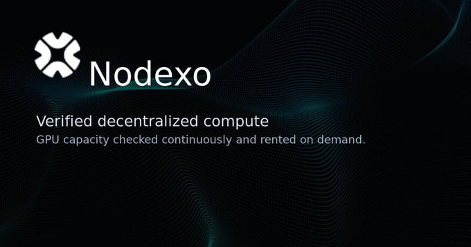 A dark promotional graphic for **Nodexo** featuring its white hexagonal logo and the tagline "Verified decentralized compute — GPU capacity checked continuously and rented on demand." The image ties into the post's message about Nodexo's subnet (SN106) enabling TAO holders to stake, retain their stake, and receive daily verified GPU credits for decentralized compute access.