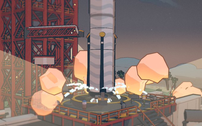 A video game screenshot showing a rocket on a launch pad with small character figures, surrounded by orange dust clouds and industrial scaffolding.