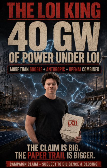 The image is a promotional-style graphic featuring a man holding LOI (Letter of Intent) documents against a backdrop of industrial infrastructure, power plants, and lightning, with bold text reading "THE LOI KING 40 GW OF POWER UNDER LOI — MORE THAN GOOGLE + ANTHROPIC + OPENAI COMBINED" and the tagline "THE CLAIM IS BIG. THE PAPER TRAIL IS BIGGER." at the bottom.

The image appears to be the centerpiece of the post's promotional hype, visually backing up the "trillionaire mode" claim by showcasing an ambitious 40 GW power capacity LOI deal that, if real, would exceed major tech giants — aligning with the post's bullish pitch for tickers $GLXY, $SYN, and $BOT.
