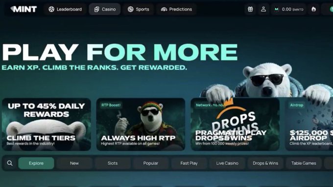 A screenshot of the MINT gaming website featuring the text 'PLAY FOR MORE - EARN XP, CLIMB THE RANKS, GET REWARDED' with cartoon polar bear mascots and various game tiles.