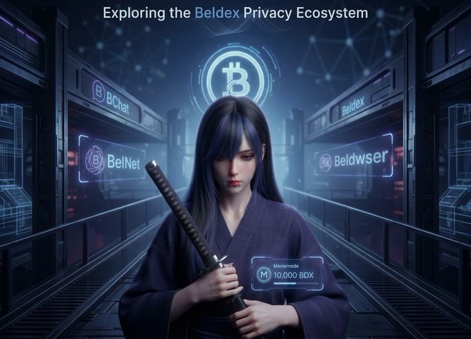A graphic titled 'Exploring the Beldex Privacy Ecosystem' features an anime-style woman with a katana in a futuristic corridor with neon signs for BChat, BelNet, Beldex, and Beld-wser, along with a Master node showing 10,000 BDX.