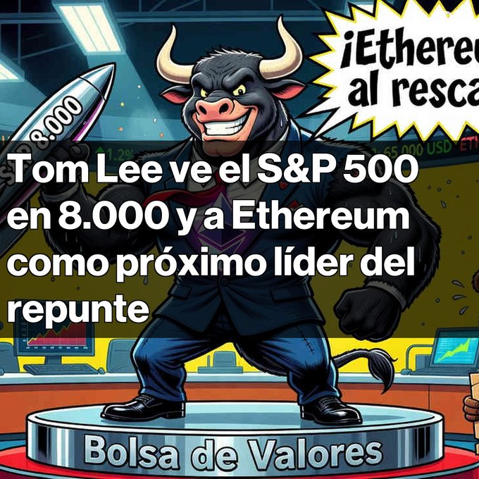 A cartoon bull in a suit stands on a 'Bolsa de Valores' platform holding a rocket labeled '8.000', with Spanish text reading '¡Ethereum al rescate!' and 'Tom Lee ve el S&P 500 en 8.000 y a Ethereum como próximo líder del repunte'.