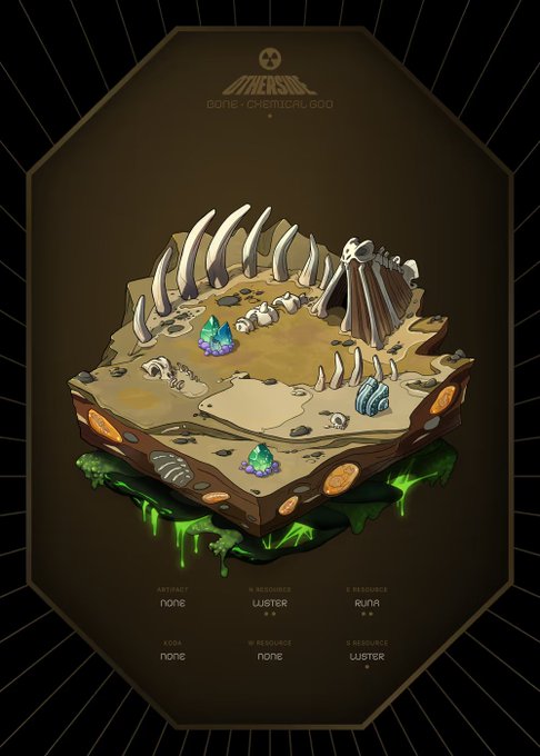 A hexagonal game map screen from a video game showing a bone/chemical god environment with stats indicating 'W RESOURCE: LUSTER' and 'S RESOURCE: RUSTY'.