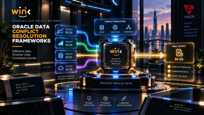 A promotional graphic for "Wink Decentralized Oracle Network" advertising an "ORACLE DATA CONFLICT RESOLUTION FRAMEWORK," showing data flowing from sources to validate and resolve into a final output of $0.126, with "TRON" blockchain branding visible.