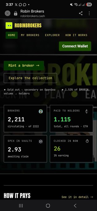 A mobile screenshot of the 'Robin Brokers' website (robinbrokers.cash) showing statistics: 2,211 brokers circulating of 2222, 1.115 ETH paid to holders, 2.93 $PCX in vaults, and 26 clocked in now.