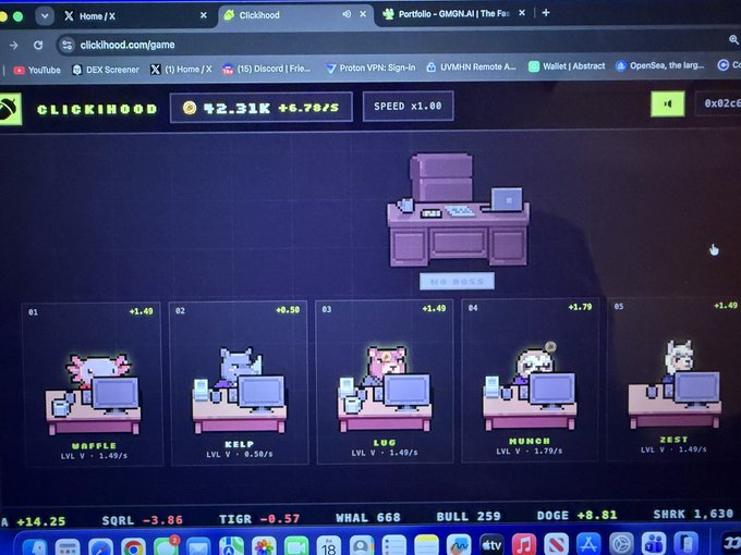 A computer screen displays the Clickhood idle game at clickhood.com/game, showing pixel-art characters labeled Waffle, Kelp, Lug, Munor, and Zest at a boss desk.