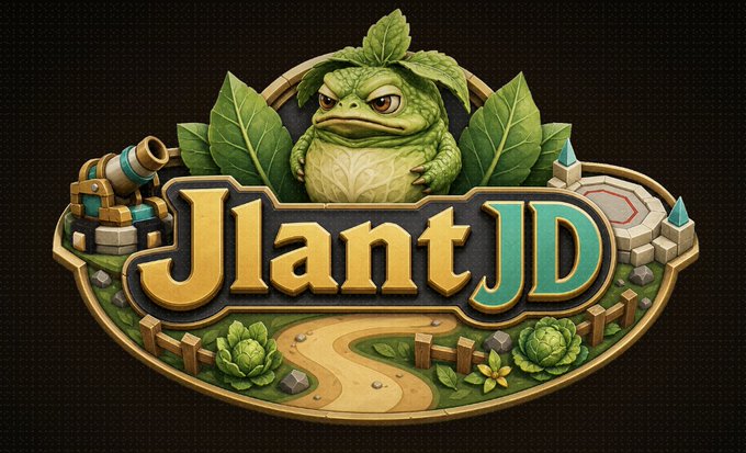 A stylized game logo reading "JlantJD" featuring a green toad or goblin-like creature surrounded by leaves, with small castle and cannon elements on a decorative emblem.