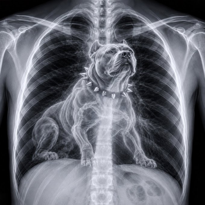 An X-ray reveals the skeletal structure of a muscular bulldog wearing a spiked collar, positioned within a human ribcage. The image plays on the "Good morning" greeting by humorously suggesting an awakening surge of toughness and attitude to start the day.