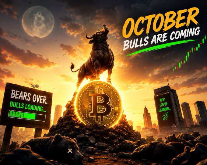 A dramatic promotional graphic featuring a bull standing atop a giant Bitcoin coin with the text 'OCTOBER BULLS ARE COMING,' 'BEARS OVER. BULLS LOADING...', and 'NEXT LEG UP LOADING...' alongside green upward candles.