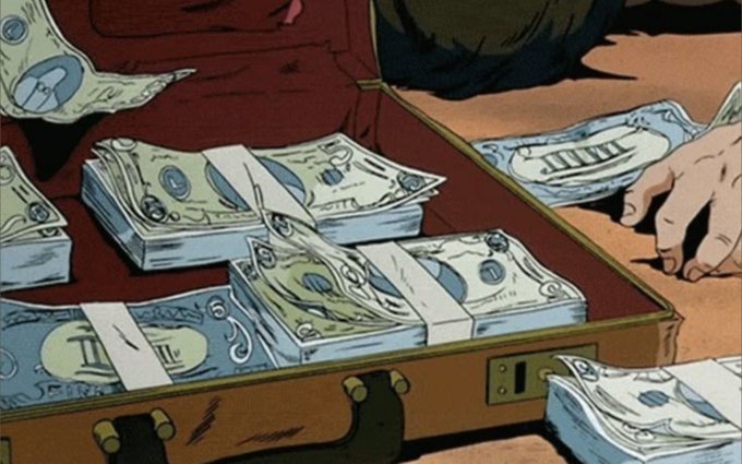 An open briefcase overflowing with stacks of hundred-dollar bills sits on the ground, with a hand reaching toward it—visually reinforcing the post's message of "Get money."