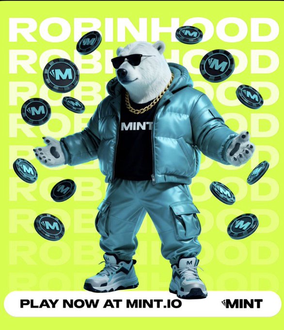 An advertisement shows a polar bear mascot wearing sunglasses, a teal puffer jacket, and a gold chain surrounded by coins, with text 'ROBINHOOD', 'MINT', and 'PLAY NOW AT MINT.IO'.