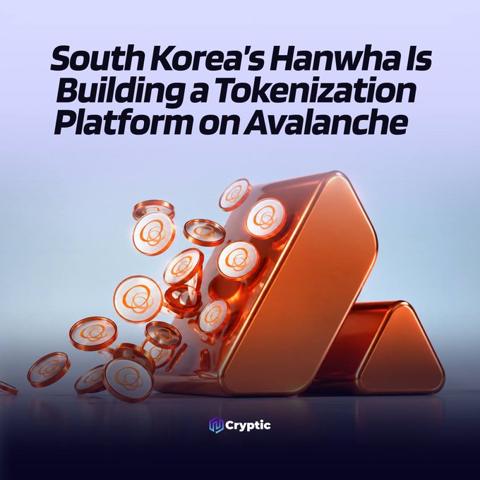 A promotional graphic from Cryptic featuring the headline "South Korea's Hanwha Is Building a Tokenization Platform on Avalanche," accompanied by a 3D render of copper-colored tokens spilling from a geometric block, visually representing Hanwha's Digital Asset Platform (DAP) initiative to bring private-market assets on-chain ahead of its planned 2027 launch.