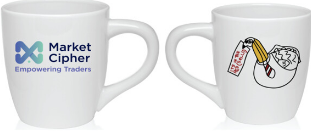 A 23oz white ceramic mug featuring the "Market Cipher - Empowering Traders" logo on one side and an illustration of Petey the Pencilneck with a "No Tigers" sign and globe on the other, advertising the oversized Mug from marketcipher.deco-printing.com.