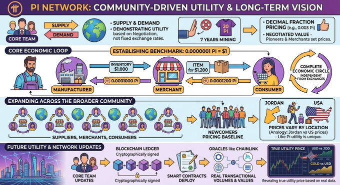 The infographic, titled "Pi Network: Community-Driven Utility & Long-Term Vision," illustrates the project's economic model, showing a core economic loop where a merchant sells a Pi-branded t-shirt for 0.0001200 Pi and establishes a benchmark of 0.0000001 Pi to $1, with future expansions aiming for "True Utility Price" measured in USD vs Pi and Gold vs USD. It visually supports the post's skepticism by contrasting the Core Team's promise of supply-and-demand-based exchange with the seemingly impractical valuation of items like a 7-year-mined t-shirt, highlighting the tension between the network's abstract pricing model and real-world consumer value.